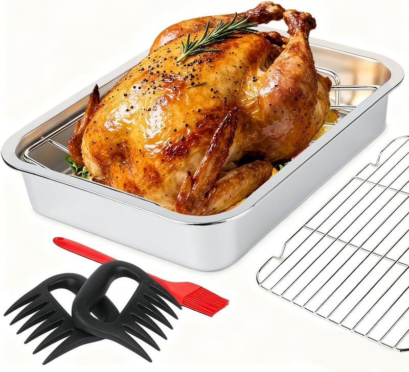Dallden 15.5 Inch Turkey Roasting Pan with Rack, Thanksgiving Turkey Roaster Rack for Oven Smoker and Grill,Deep Turkey Tray with Baking Rack & Cooling Rack Stainless Steel, Dishwasher Safe - Image 1